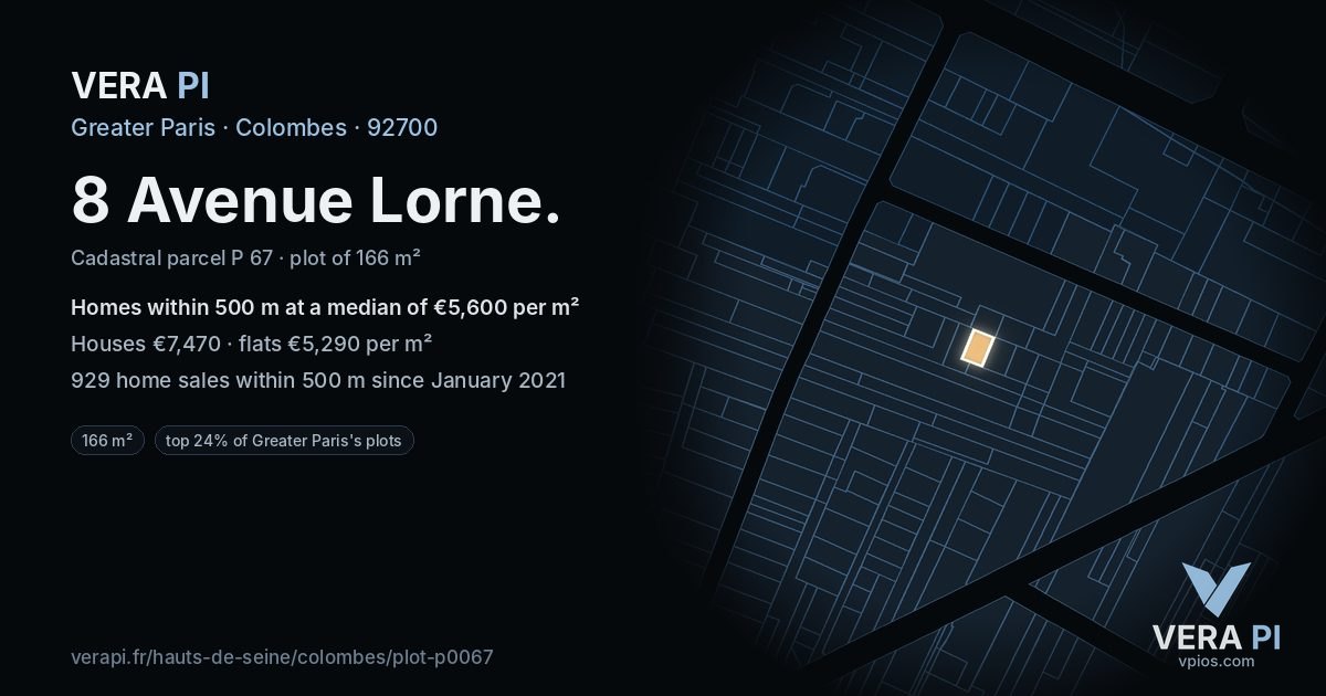 8 Avenue Lorne, Colombes at night – the plot lit, the parcels around coloured by the prices near them