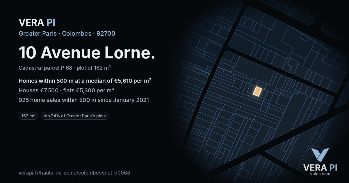 10 Avenue Lorne, Colombes at night – the plot lit, the parcels around coloured by the prices near them