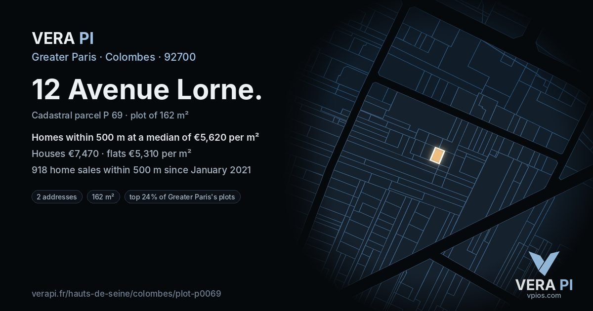 12 Avenue Lorne, Colombes at night – the plot lit, the parcels around coloured by the prices near them