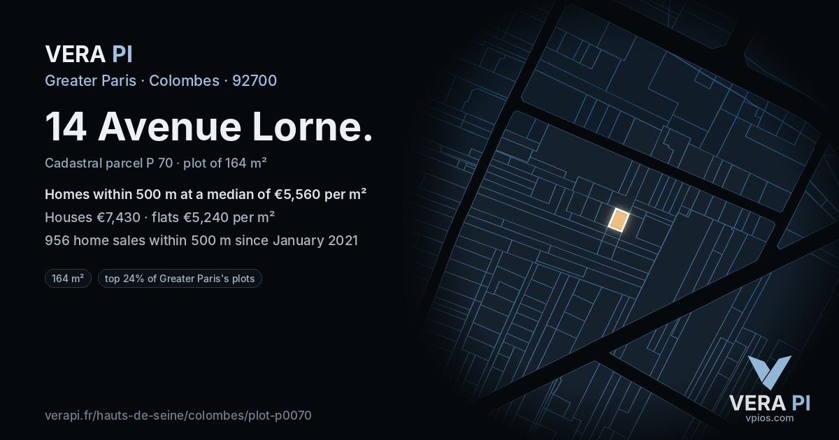 14 Avenue Lorne, Colombes at night – the plot lit, the parcels around coloured by the prices near them