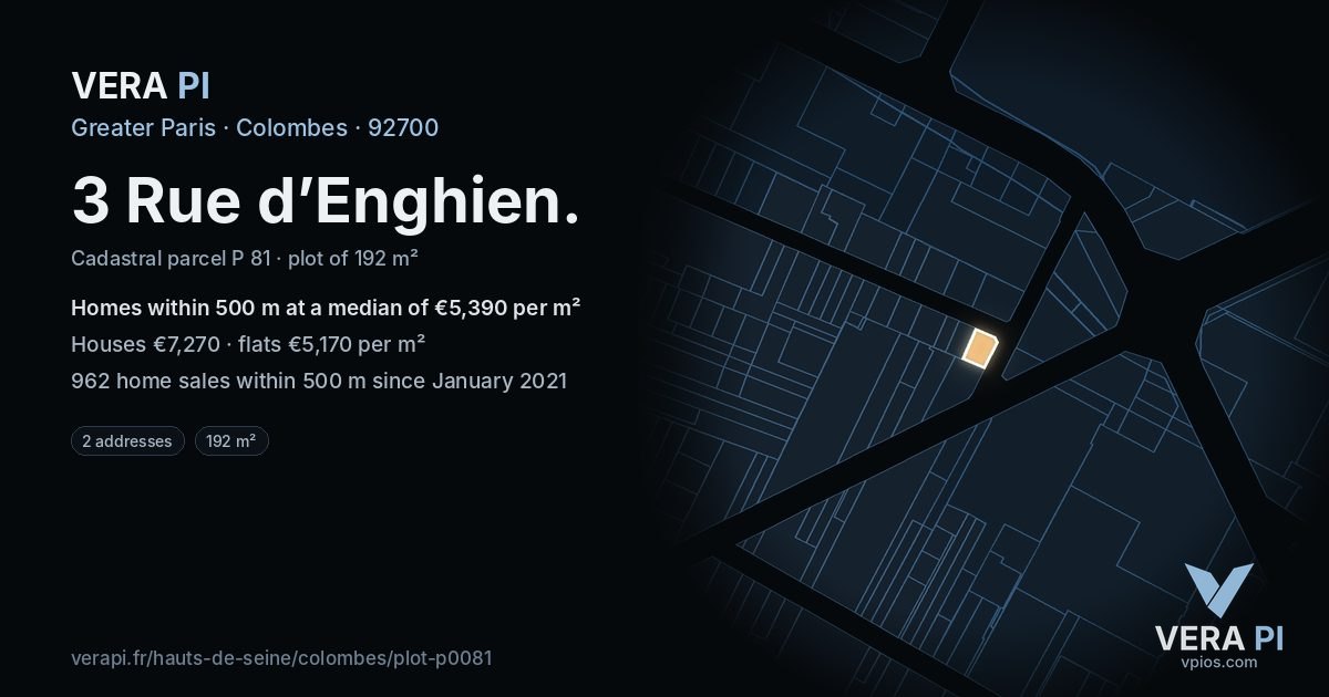 3 Rue d’Enghien, Colombes at night – the plot lit, the parcels around coloured by the prices near them