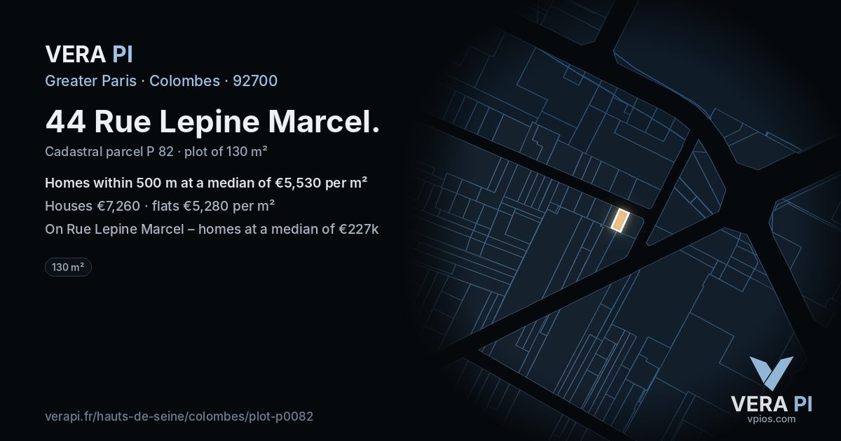 44 Rue Lepine Marcel, Colombes at night – the plot lit, the parcels around coloured by the prices near them