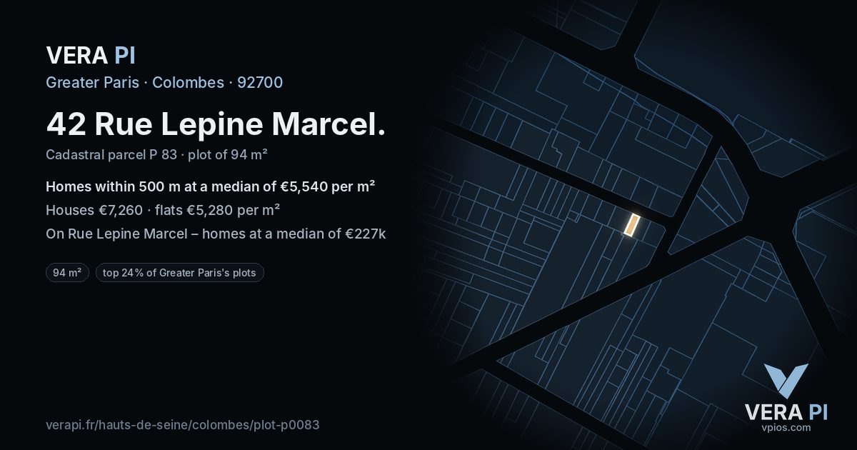 42 Rue Lepine Marcel, Colombes at night – the plot lit, the parcels around coloured by the prices near them