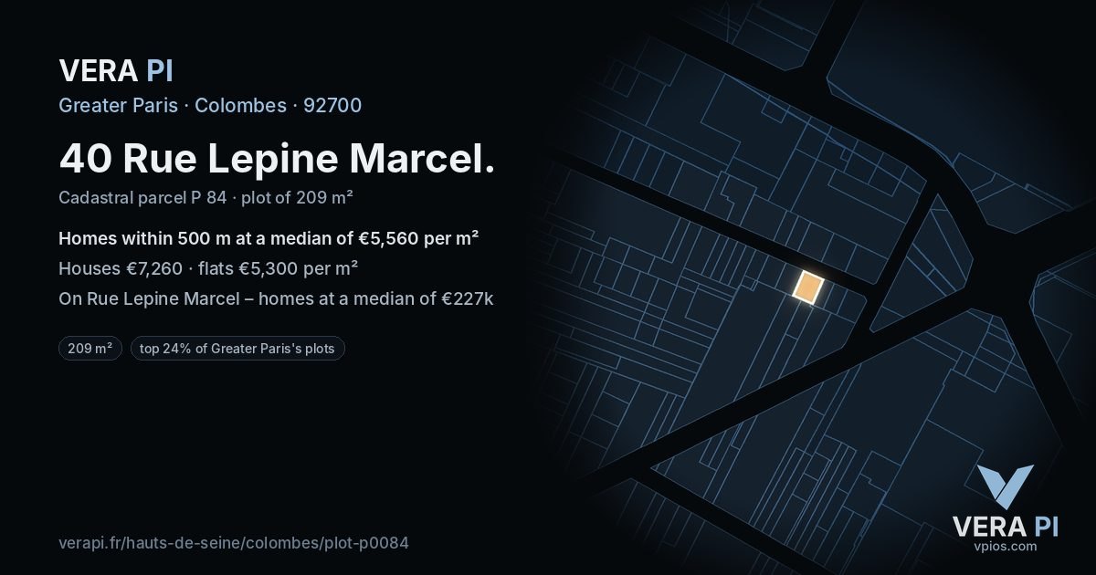 40 Rue Lepine Marcel, Colombes at night – the plot lit, the parcels around coloured by the prices near them