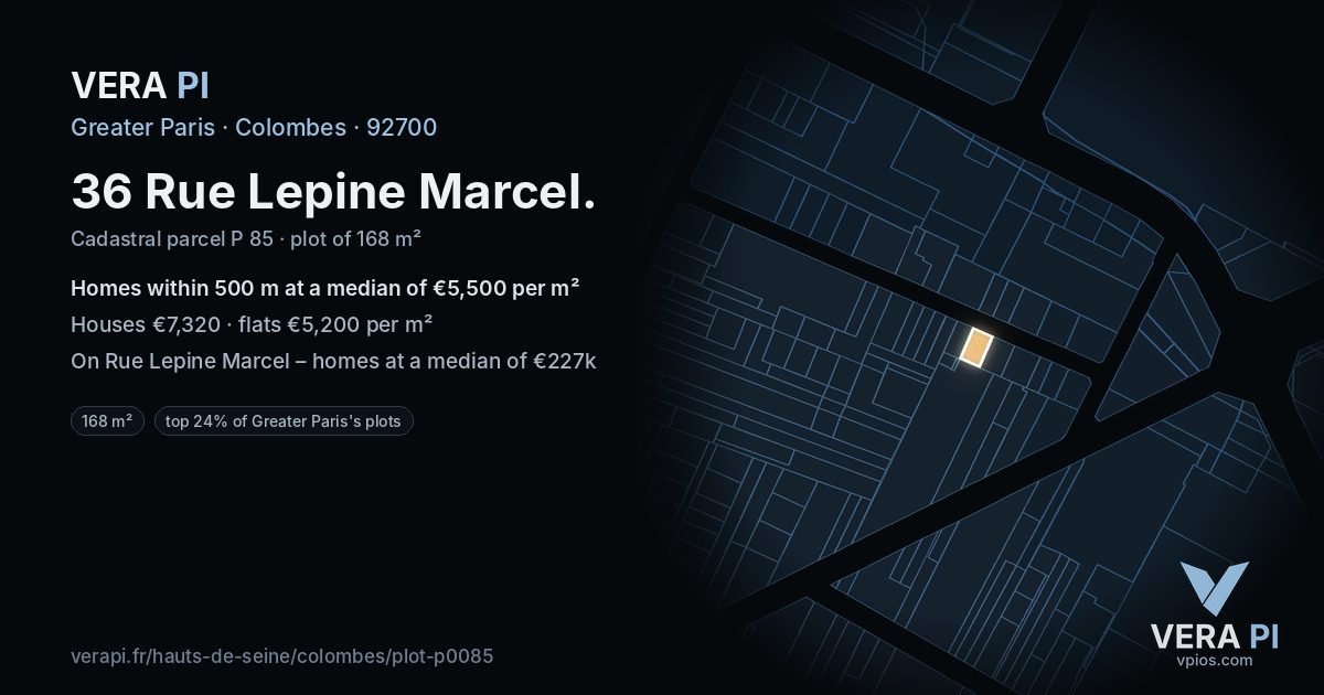 36 Rue Lepine Marcel, Colombes at night – the plot lit, the parcels around coloured by the prices near them