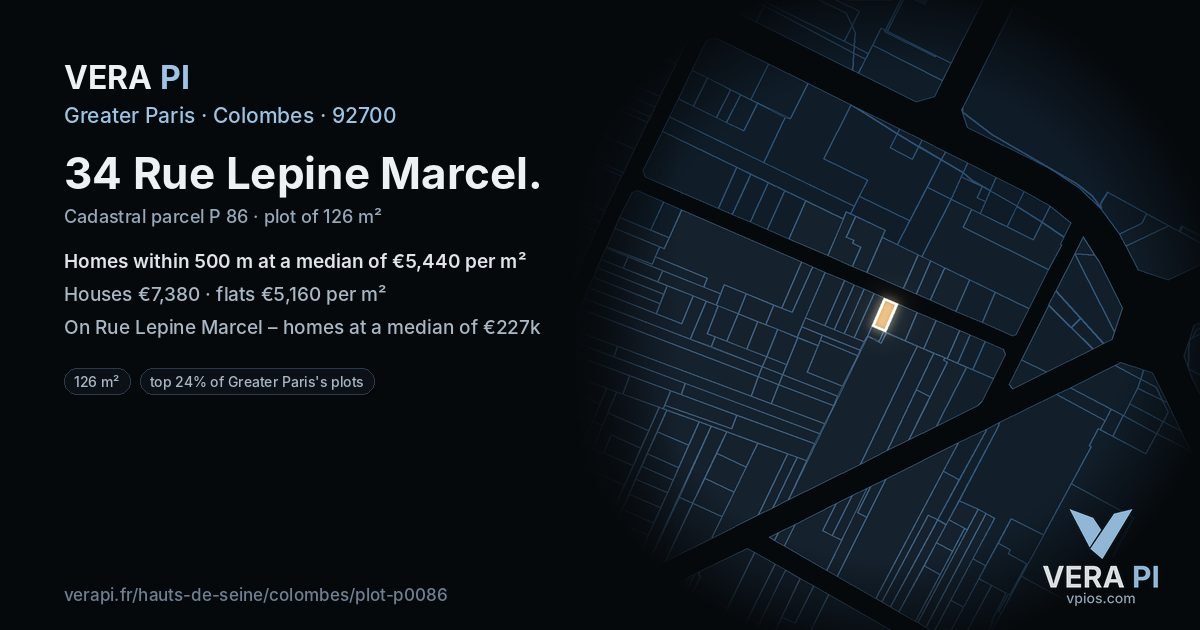34 Rue Lepine Marcel, Colombes at night – the plot lit, the parcels around coloured by the prices near them