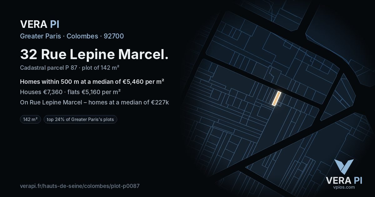 32 Rue Lepine Marcel, Colombes at night – the plot lit, the parcels around coloured by the prices near them