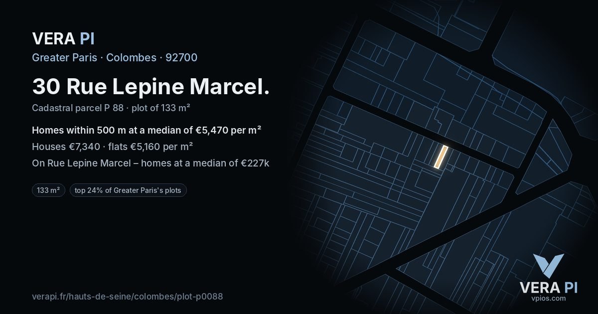 30 Rue Lepine Marcel, Colombes at night – the plot lit, the parcels around coloured by the prices near them