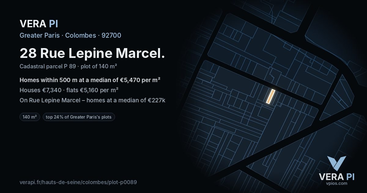 28 Rue Lepine Marcel, Colombes at night – the plot lit, the parcels around coloured by the prices near them