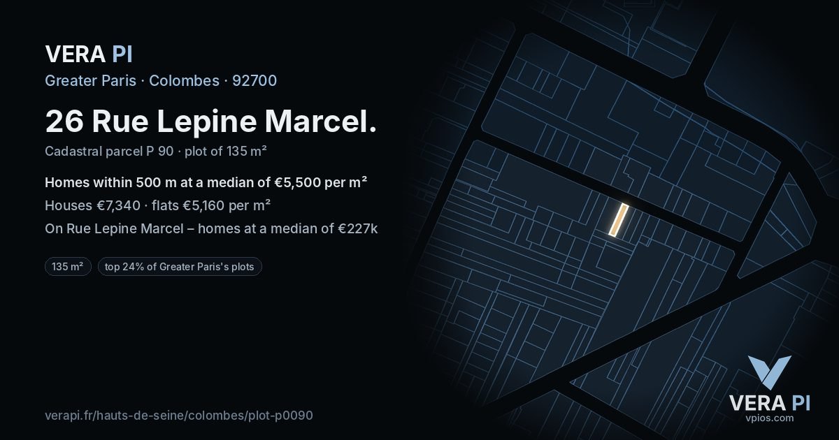 26 Rue Lepine Marcel, Colombes at night – the plot lit, the parcels around coloured by the prices near them