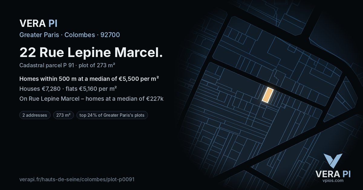 22 Rue Lepine Marcel, Colombes at night – the plot lit, the parcels around coloured by the prices near them