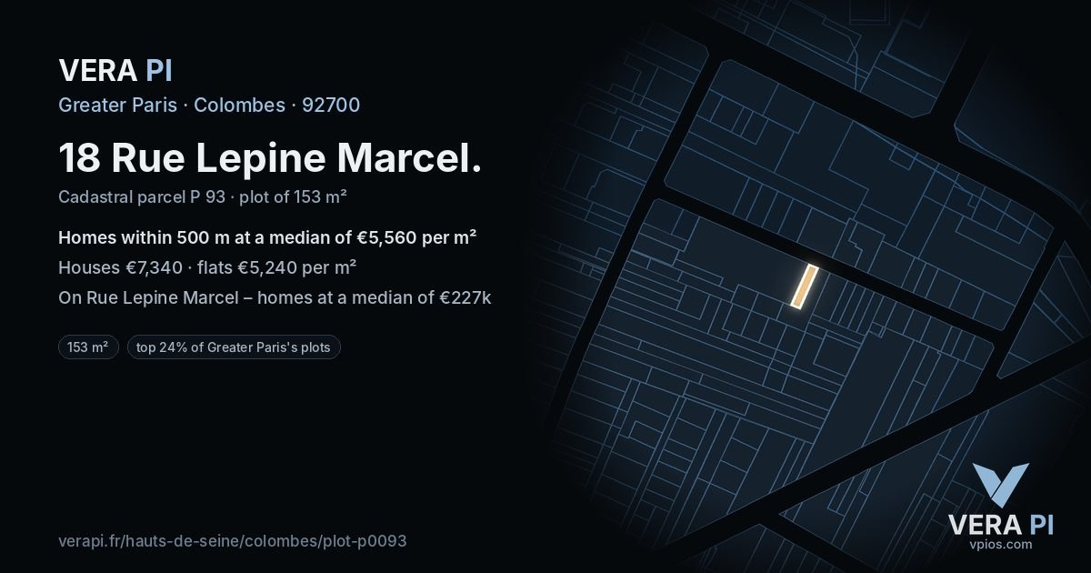 18 Rue Lepine Marcel, Colombes at night – the plot lit, the parcels around coloured by the prices near them