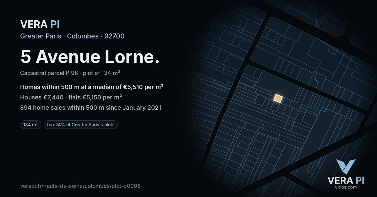 5 Avenue Lorne, Colombes at night – the plot lit, the parcels around coloured by the prices near them