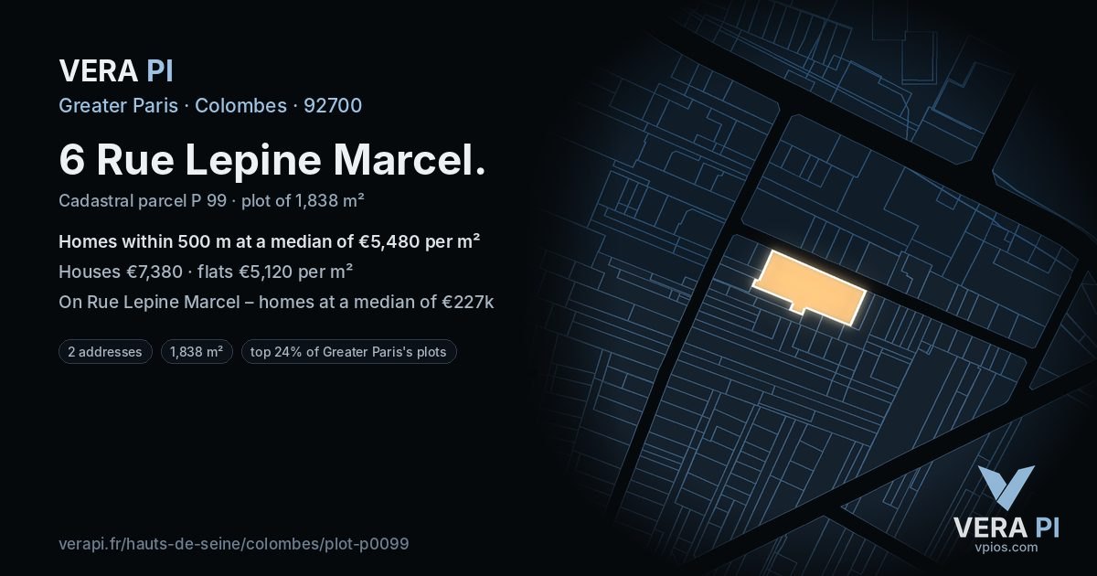 6 Rue Lepine Marcel, Colombes at night – the plot lit, the parcels around coloured by the prices near them