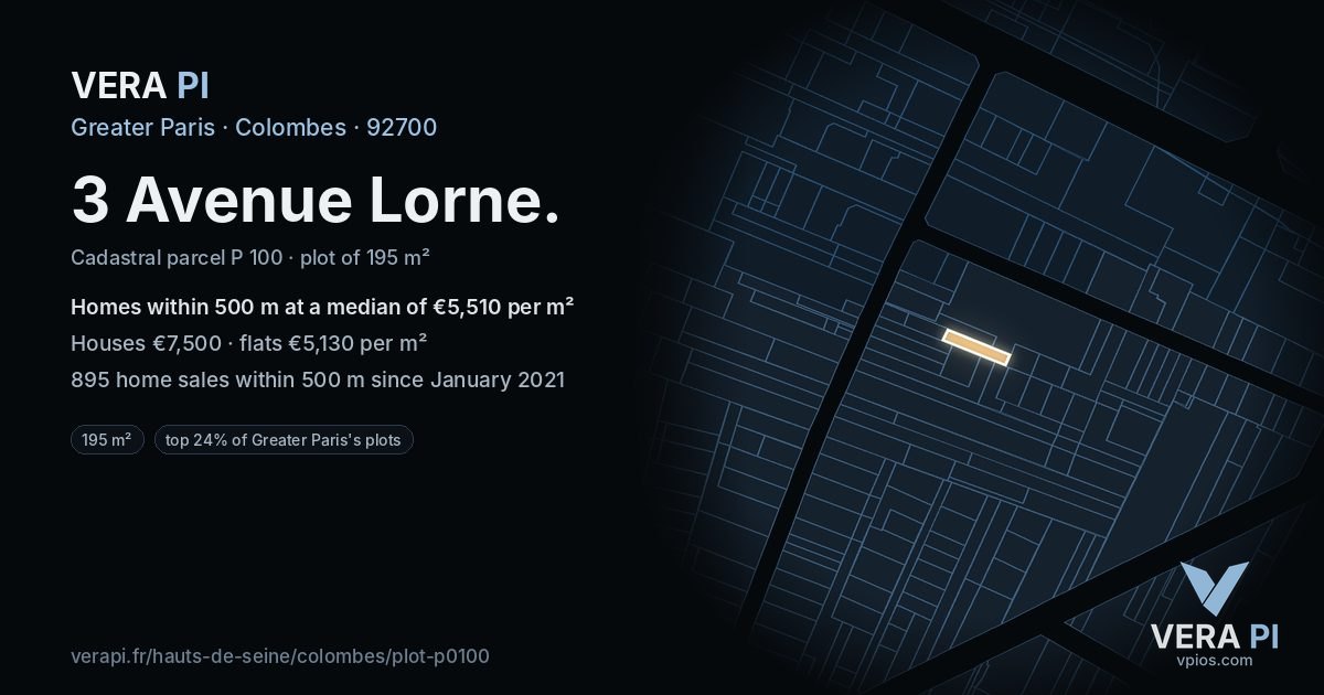 3 Avenue Lorne, Colombes at night – the plot lit, the parcels around coloured by the prices near them