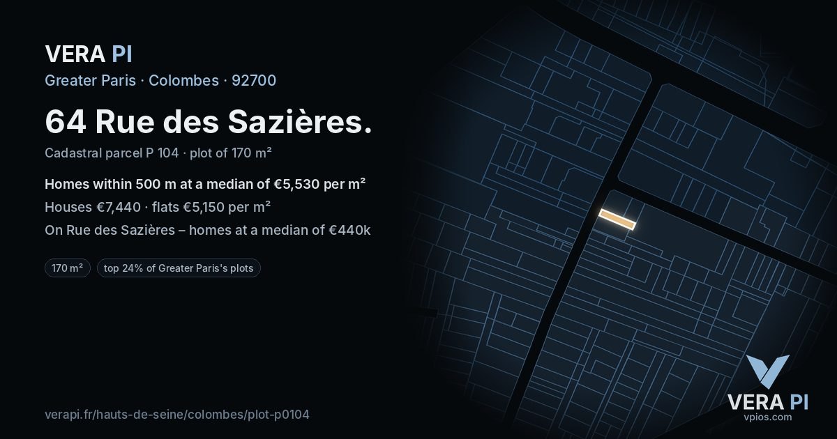 64 Rue des Sazières, Colombes at night – the plot lit, the parcels around coloured by the prices near them