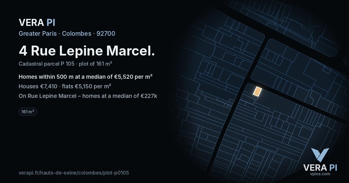 4 Rue Lepine Marcel, Colombes at night – the plot lit, the parcels around coloured by the prices near them