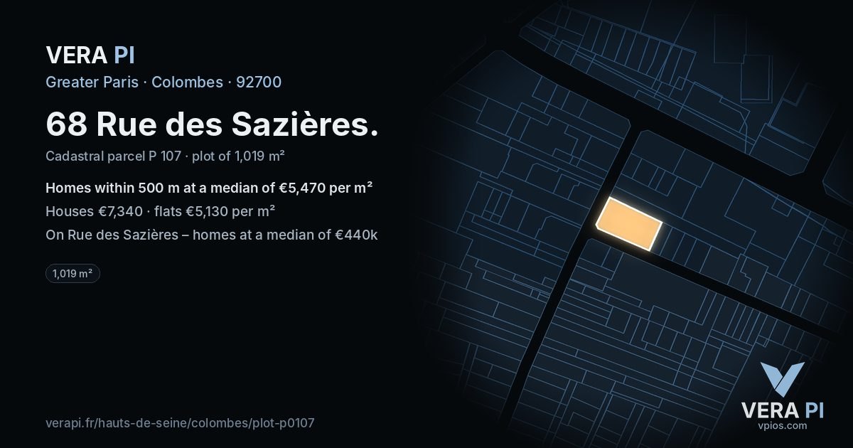 68 Rue des Sazières, Colombes at night – the plot lit, the parcels around coloured by the prices near them