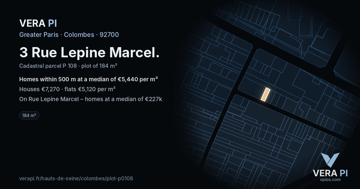 3 Rue Lepine Marcel, Colombes at night – the plot lit, the parcels around coloured by the prices near them