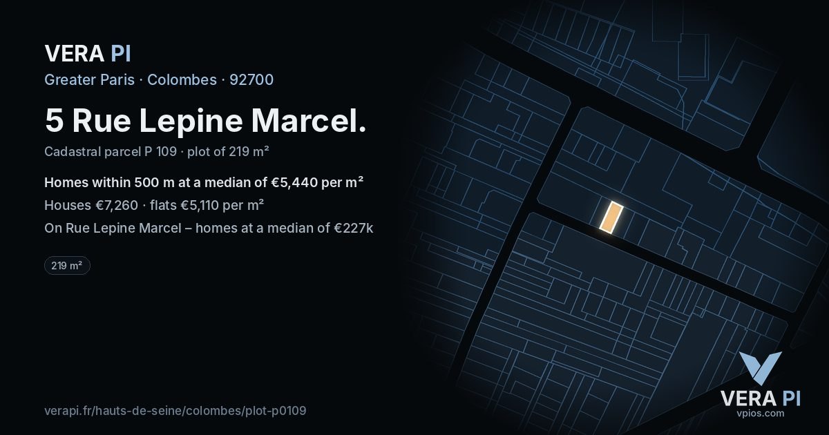 5 Rue Lepine Marcel, Colombes at night – the plot lit, the parcels around coloured by the prices near them