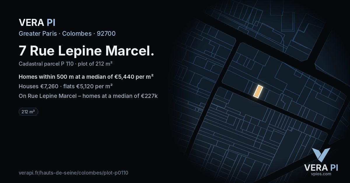 7 Rue Lepine Marcel, Colombes at night – the plot lit, the parcels around coloured by the prices near them