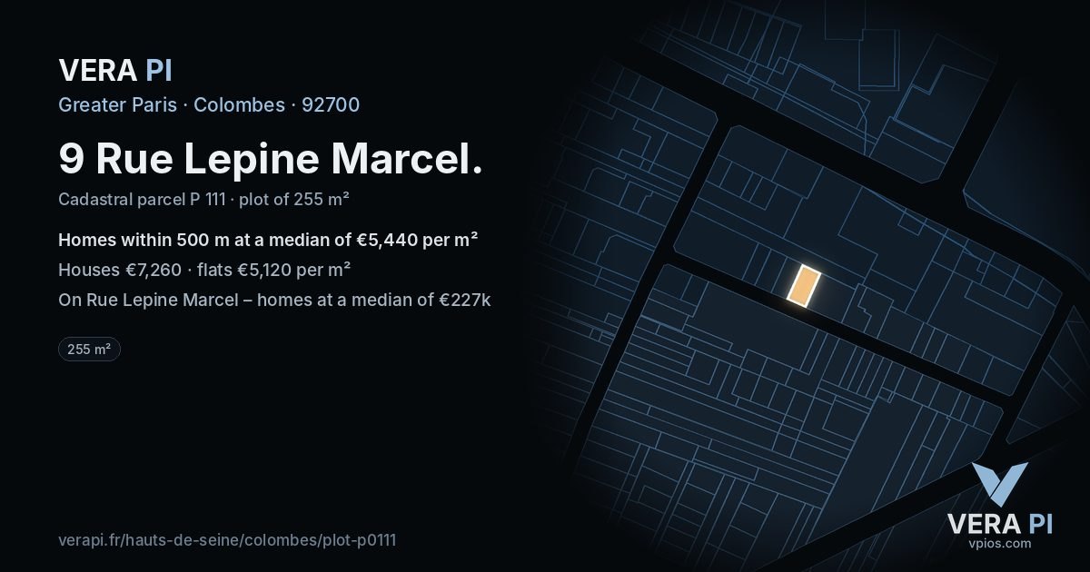 9 Rue Lepine Marcel, Colombes at night – the plot lit, the parcels around coloured by the prices near them