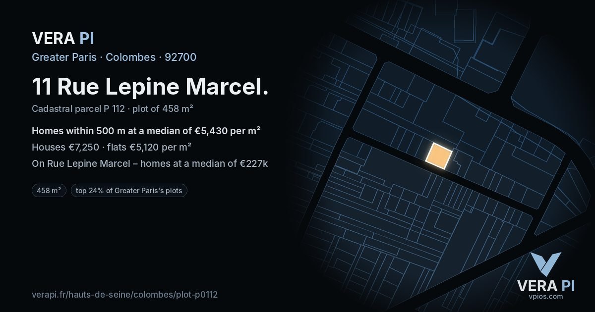 11 Rue Lepine Marcel, Colombes at night – the plot lit, the parcels around coloured by the prices near them