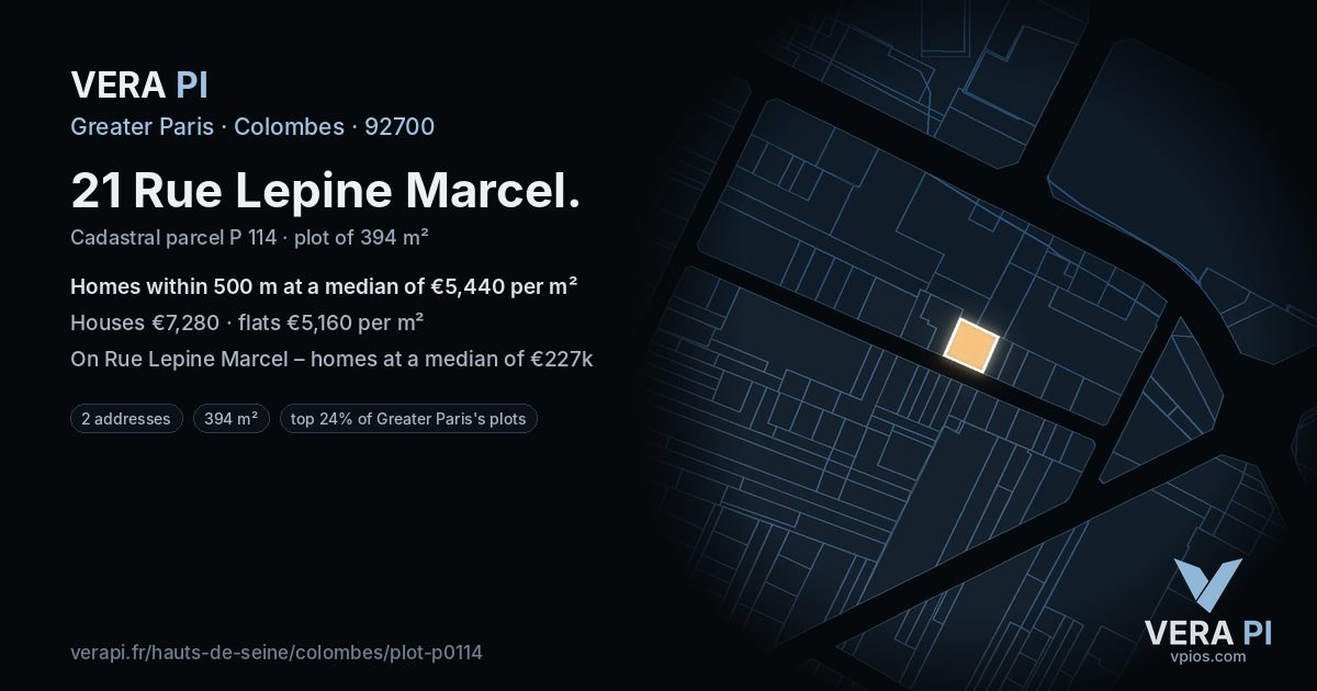 21 Rue Lepine Marcel, Colombes at night – the plot lit, the parcels around coloured by the prices near them