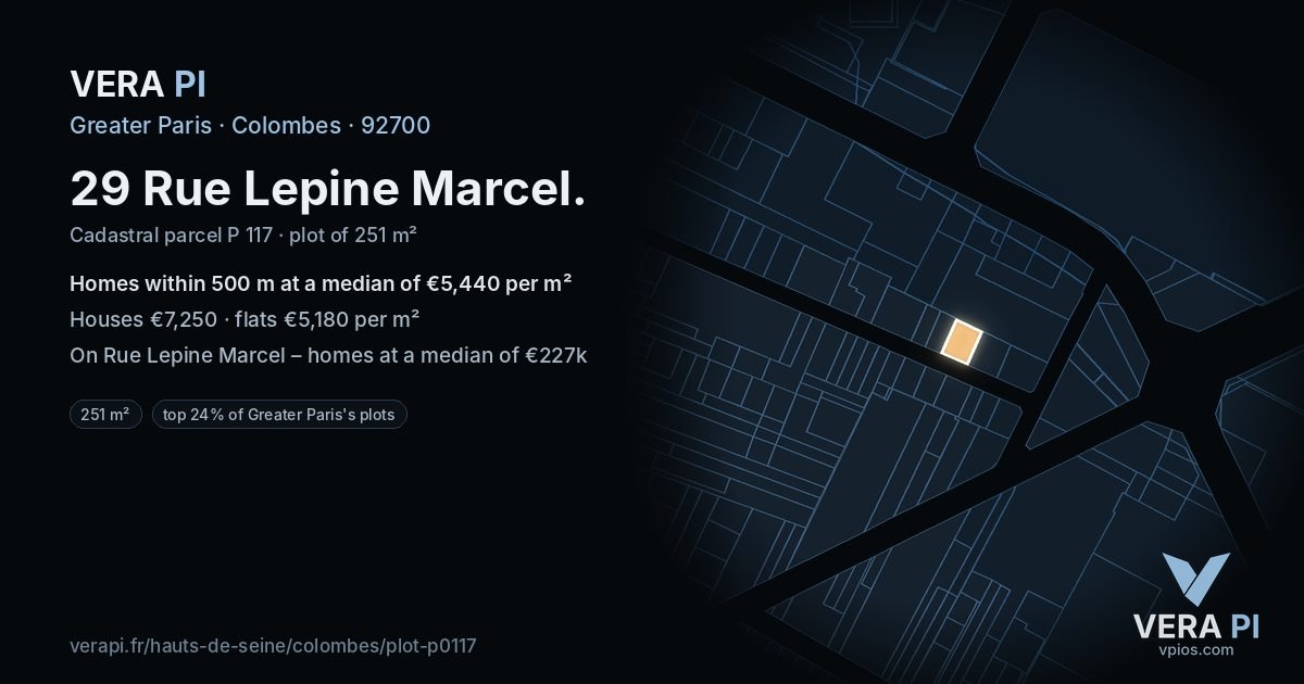 29 Rue Lepine Marcel, Colombes at night – the plot lit, the parcels around coloured by the prices near them