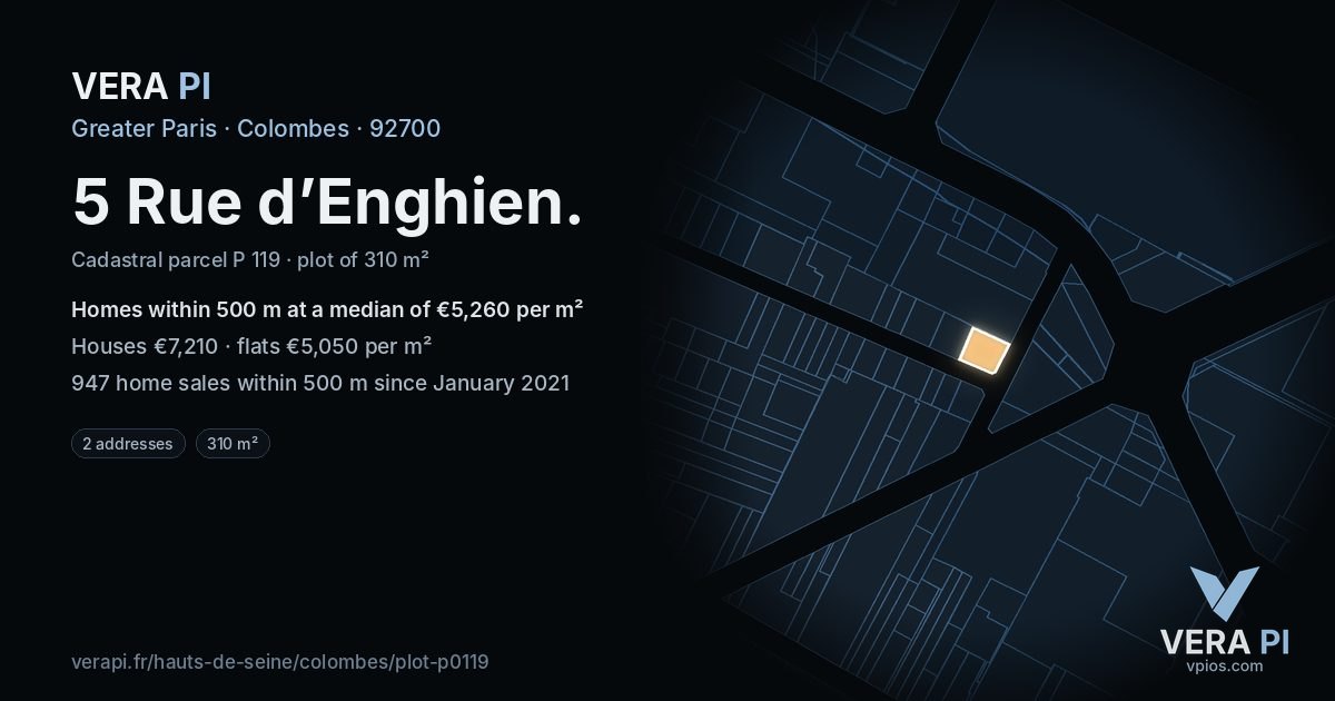 5 Rue d’Enghien, Colombes at night – the plot lit, the parcels around coloured by the prices near them