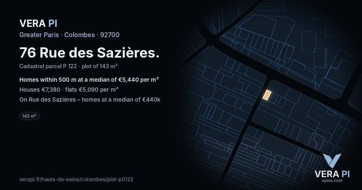 76 Rue des Sazières, Colombes at night – the plot lit, the parcels around coloured by the prices near them