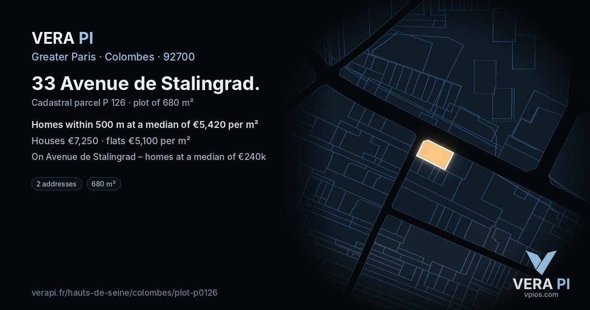 33 Avenue de Stalingrad, Colombes at night – the plot lit, the parcels around coloured by the prices near them