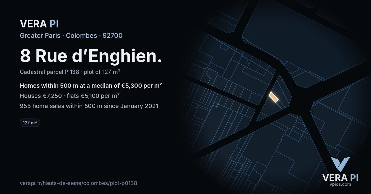 8 Rue d’Enghien, Colombes at night – the plot lit, the parcels around coloured by the prices near them