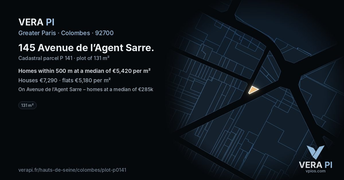 145 Avenue de l’Agent Sarre, Colombes at night – the plot lit, the parcels around coloured by the prices near them