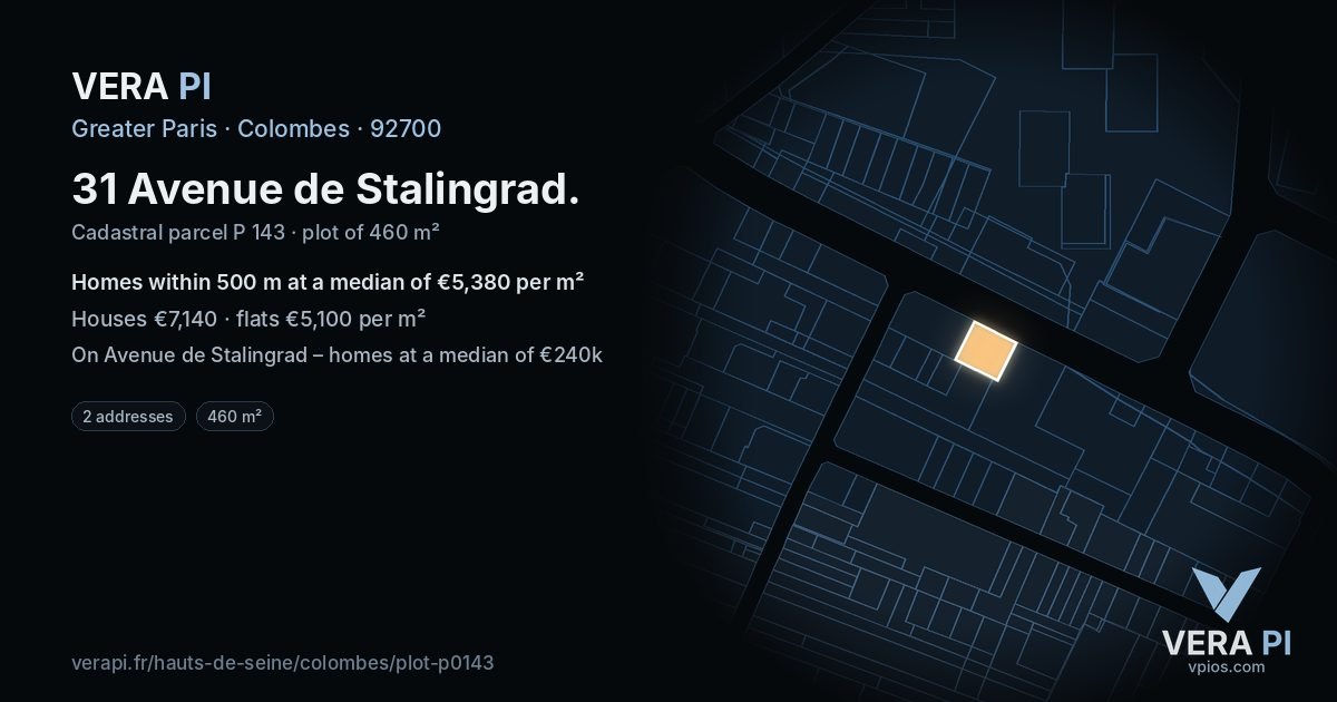 31 Avenue de Stalingrad, Colombes at night – the plot lit, the parcels around coloured by the prices near them