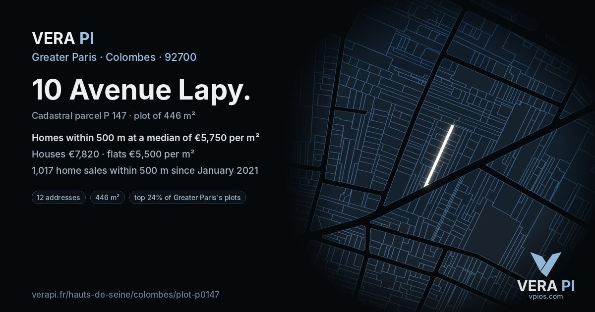 10 Avenue Lapy, Colombes at night – the plot lit, the parcels around coloured by the prices near them