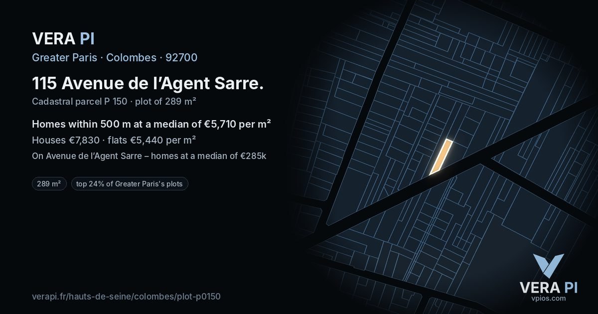 115 Avenue de l’Agent Sarre, Colombes at night – the plot lit, the parcels around coloured by the prices near them