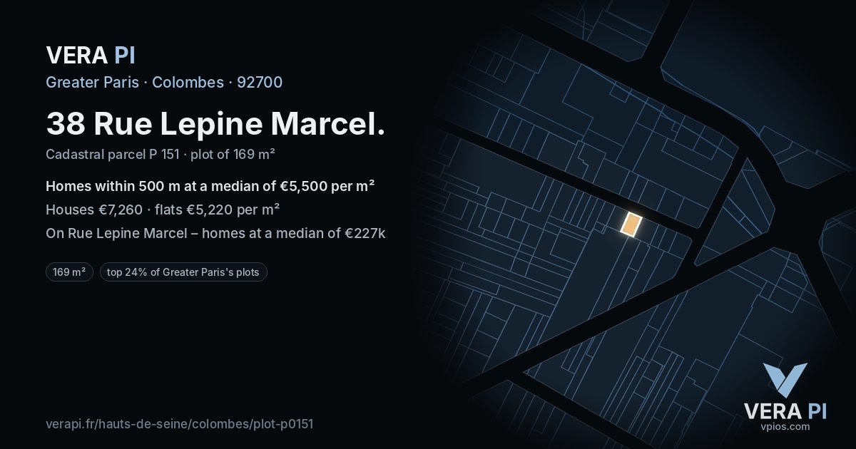 38 Rue Lepine Marcel, Colombes at night – the plot lit, the parcels around coloured by the prices near them
