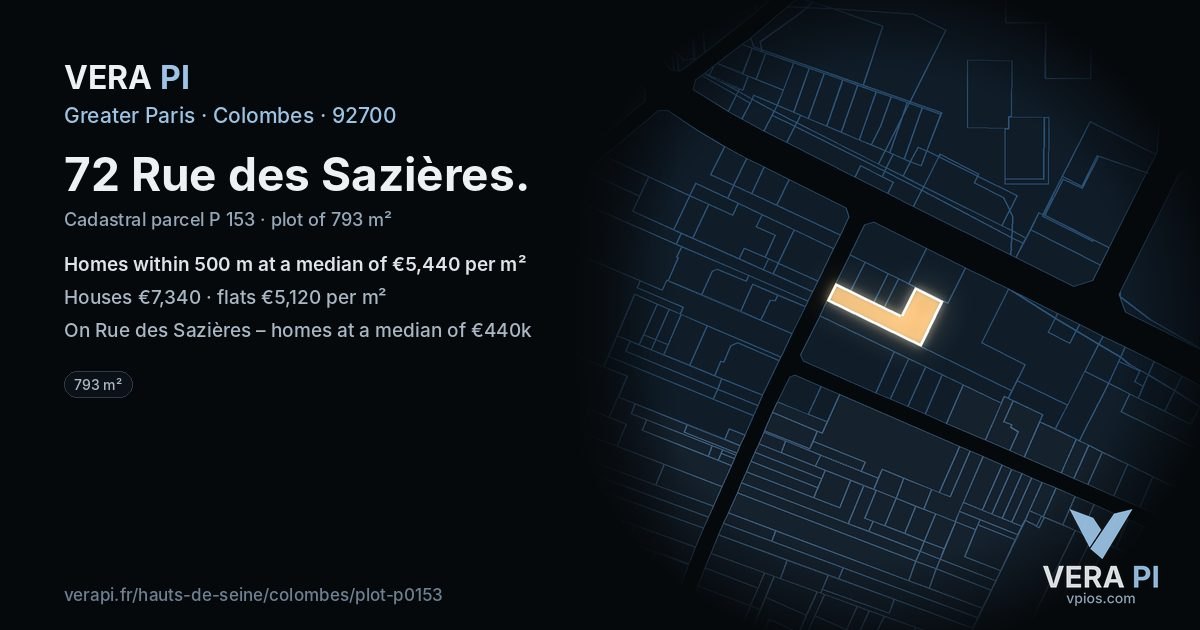 72 Rue des Sazières, Colombes at night – the plot lit, the parcels around coloured by the prices near them