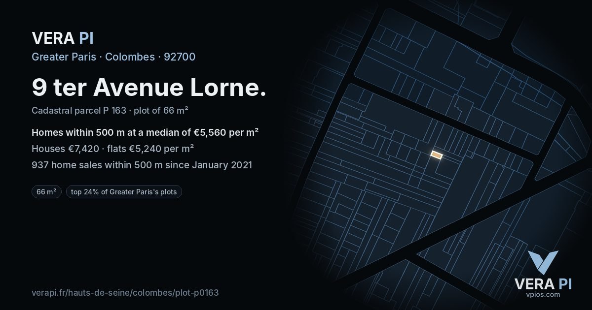 9 ter Avenue Lorne, Colombes at night – the plot lit, the parcels around coloured by the prices near them