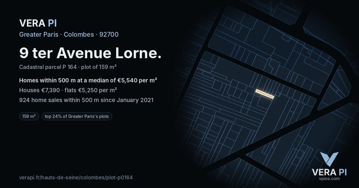 9 ter Avenue Lorne, Colombes at night – the plot lit, the parcels around coloured by the prices near them