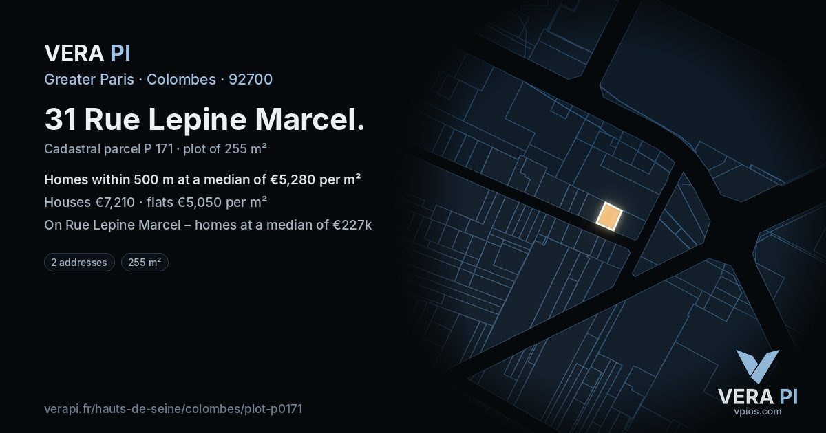 31 Rue Lepine Marcel, Colombes at night – the plot lit, the parcels around coloured by the prices near them