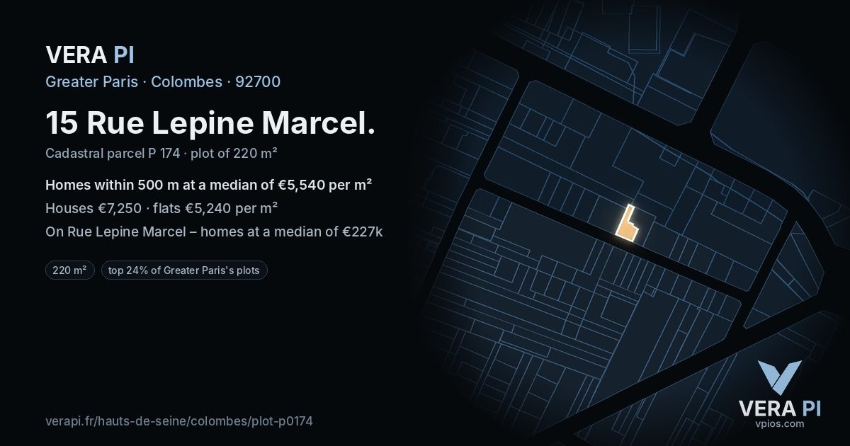 15 Rue Lepine Marcel, Colombes at night – the plot lit, the parcels around coloured by the prices near them