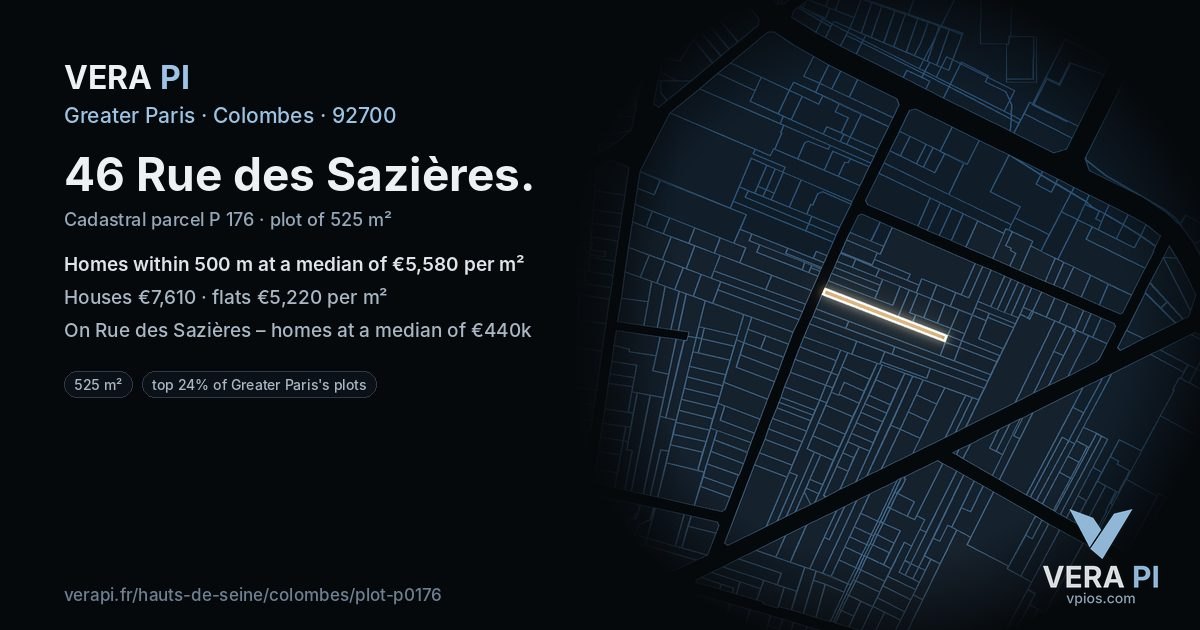 46 Rue des Sazières, Colombes at night – the plot lit, the parcels around coloured by the prices near them