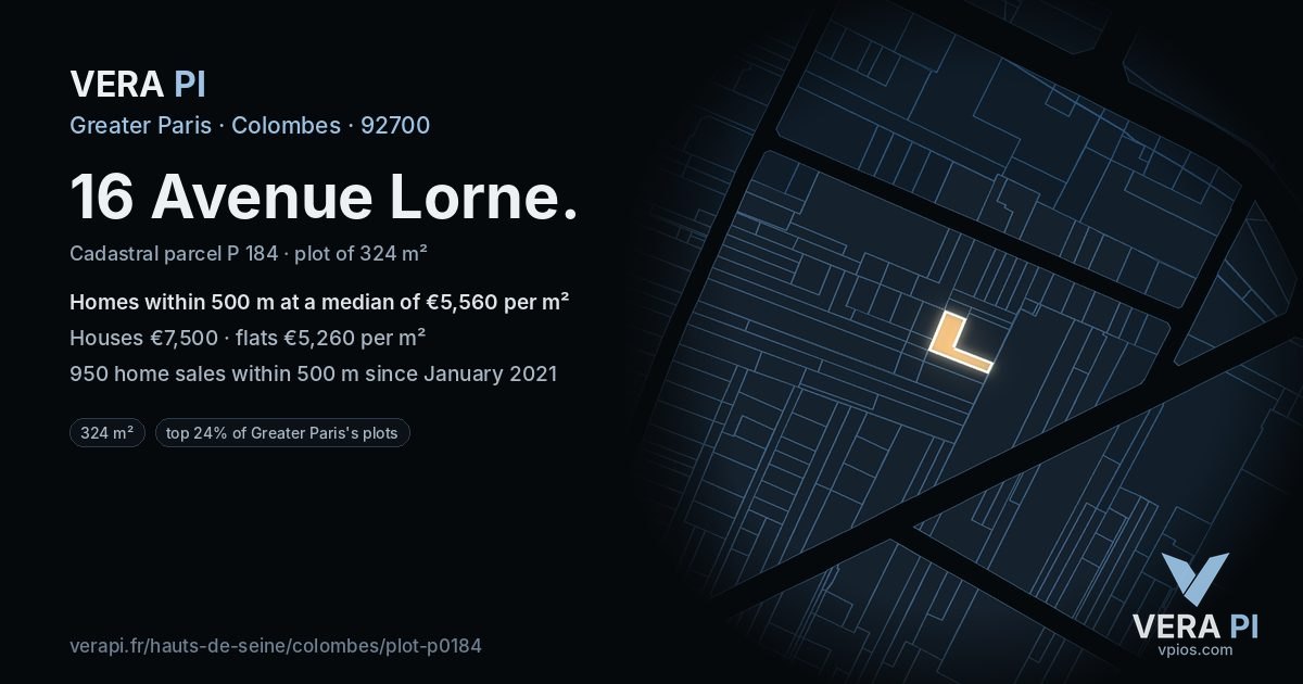 16 Avenue Lorne, Colombes at night – the plot lit, the parcels around coloured by the prices near them