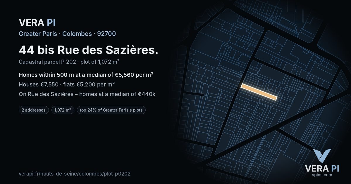 44 bis Rue des Sazières, Colombes at night – the plot lit, the parcels around coloured by the prices near them