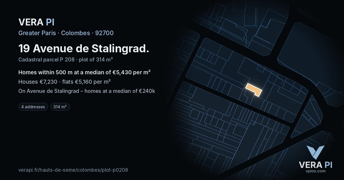 19 Avenue de Stalingrad, Colombes at night – the plot lit, the parcels around coloured by the prices near them