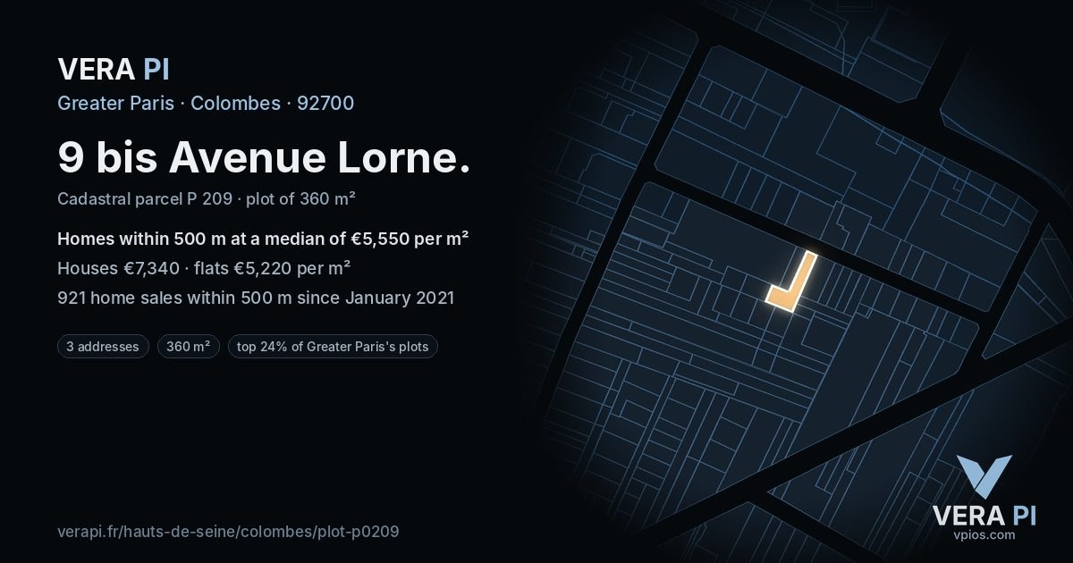 9 bis Avenue Lorne, Colombes at night – the plot lit, the parcels around coloured by the prices near them