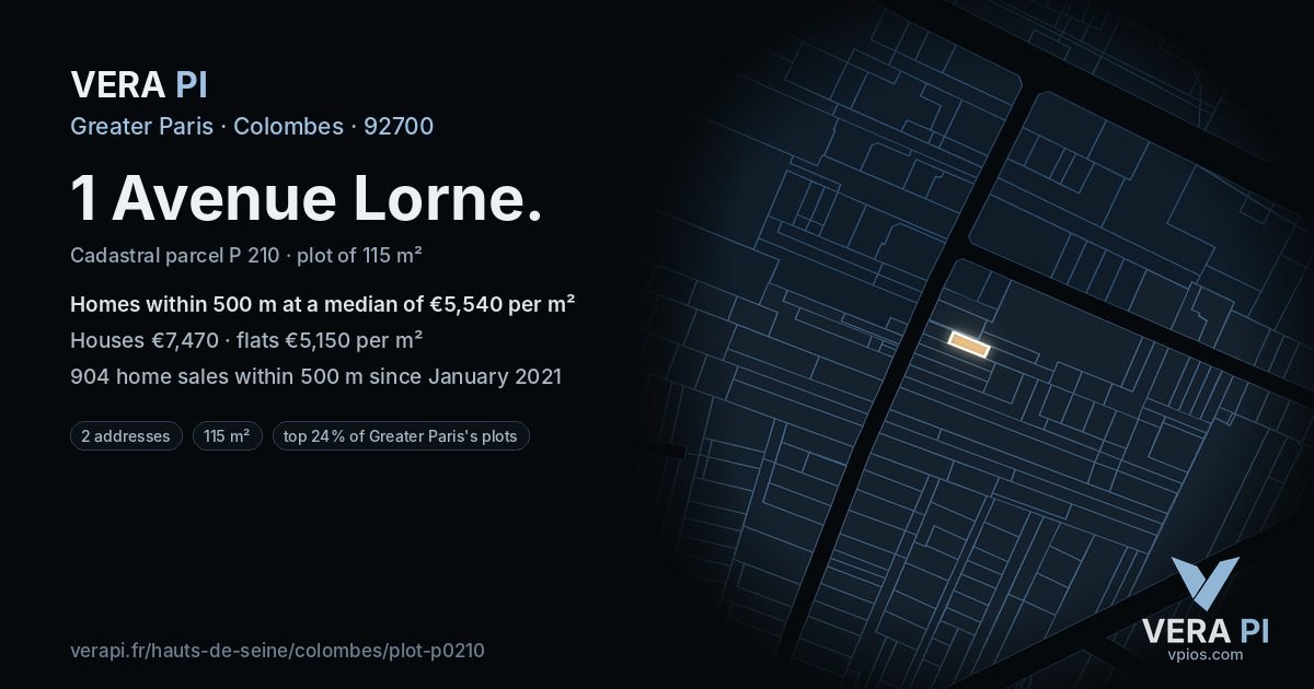 1 Avenue Lorne, Colombes at night – the plot lit, the parcels around coloured by the prices near them