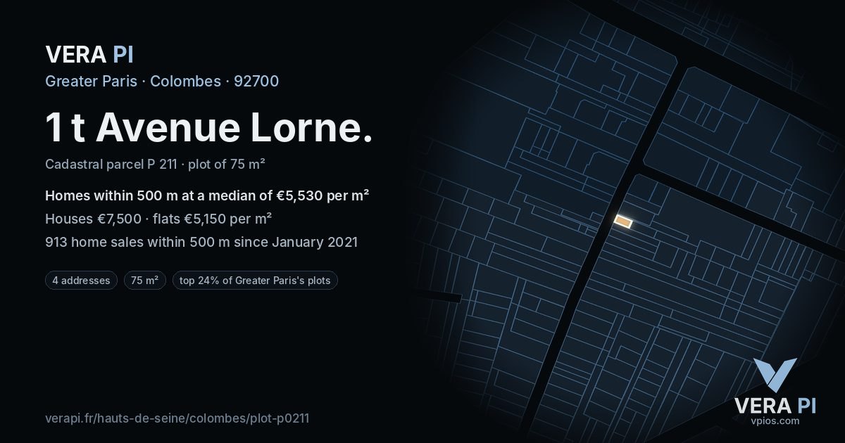 1 t Avenue Lorne, Colombes at night – the plot lit, the parcels around coloured by the prices near them